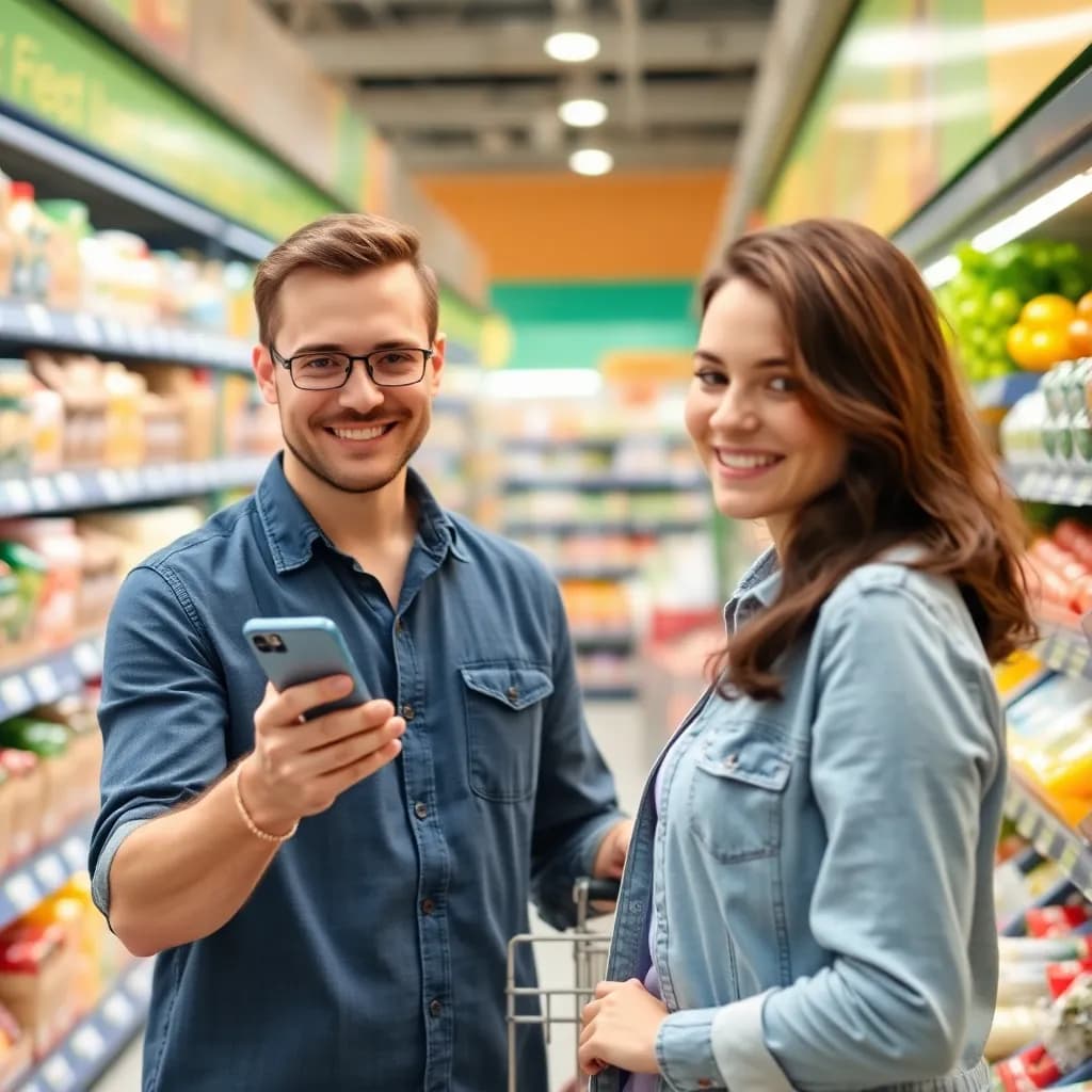 Person shopping confidently in grocery store using smartphone app